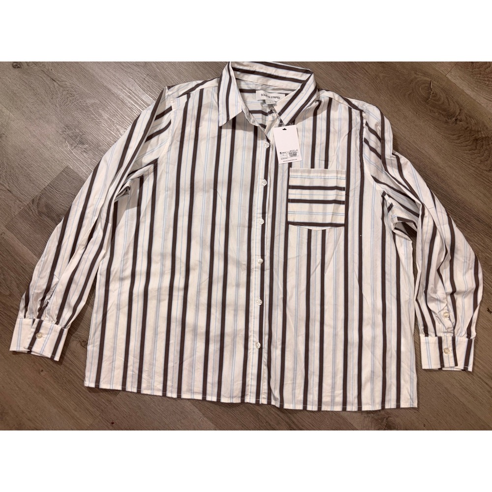 Solid & Striped Womens Button Down Shirt Brown Blue White Striped Poplin Large